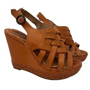 Frye Brown Leather Corrina Strappy Weave Wedge Platform Heels Size 8